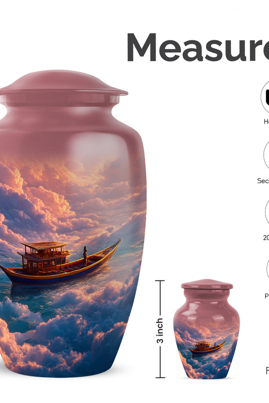 Crimson Red Boat Cremation Urn close-up of engraving and surface detail - timeless boat motif etched into premium metal - mini keepsake memorial for portion of cremation ashes