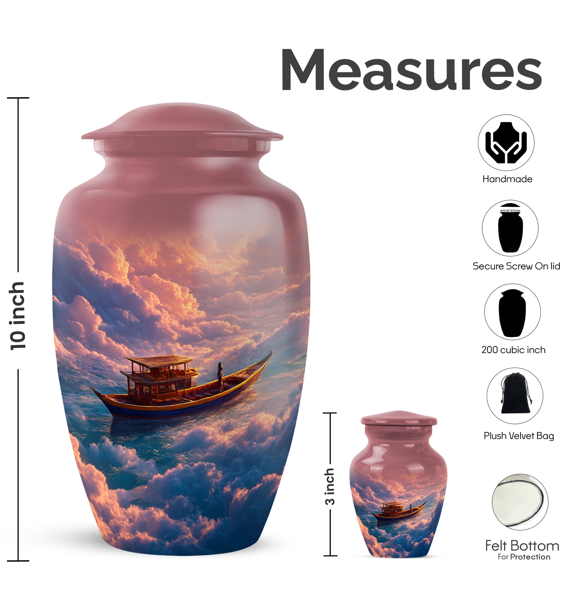 Crimson Red Boat Cremation Urn close-up of engraving and surface detail - timeless boat motif etched into premium metal - mini keepsake memorial for portion of cremation ashes