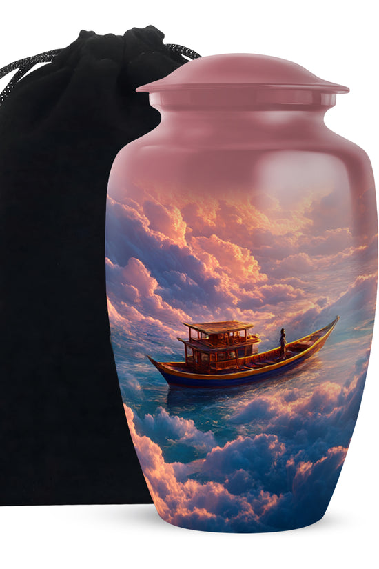 Garnet Red Boat Cremation Urn angled view of lid and engraved motif - classic sculpted boat pattern on smooth aluminum - full-size 10 inch 200 cubic inch adult cremation urn
