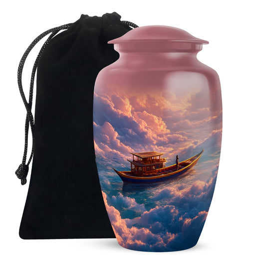 Garnet Red Boat Cremation Urn angled view of lid and engraved motif - classic sculpted boat pattern on smooth aluminum - full-size 10 inch 200 cubic inch adult cremation urn