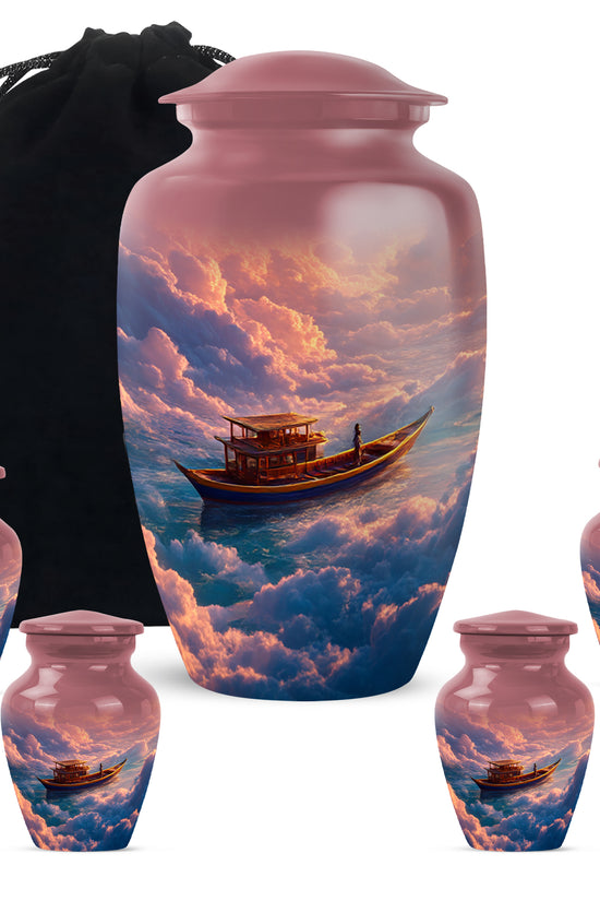 Rich Red Boat Cremation Urn top-down view of secure threaded lid - elegant classic boat relief with fine detailing - memorial set with one large and four small urns