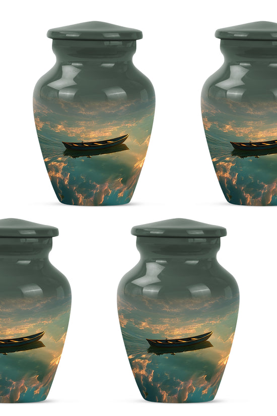 Charcoal Black Boat Cremation Urn side profile showing urn shape - traditional boat engraving with hand-polished finish - 10 inch aluminum urn for cremated remains