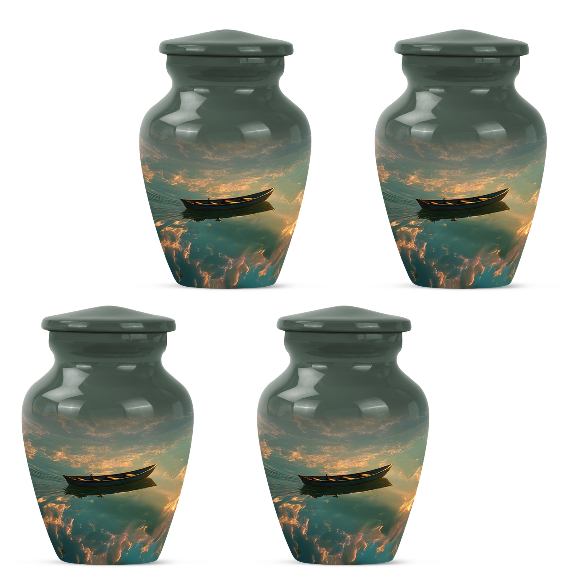 Charcoal Black Boat Cremation Urn side profile showing urn shape - traditional boat engraving with hand-polished finish - 10 inch aluminum urn for cremated remains