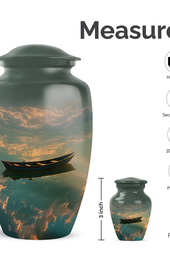 Onyx Black Boat Cremation Urn close-up of engraving and surface detail - elegant classic boat relief with fine detailing - mini keepsake memorial for portion of cremation ashes