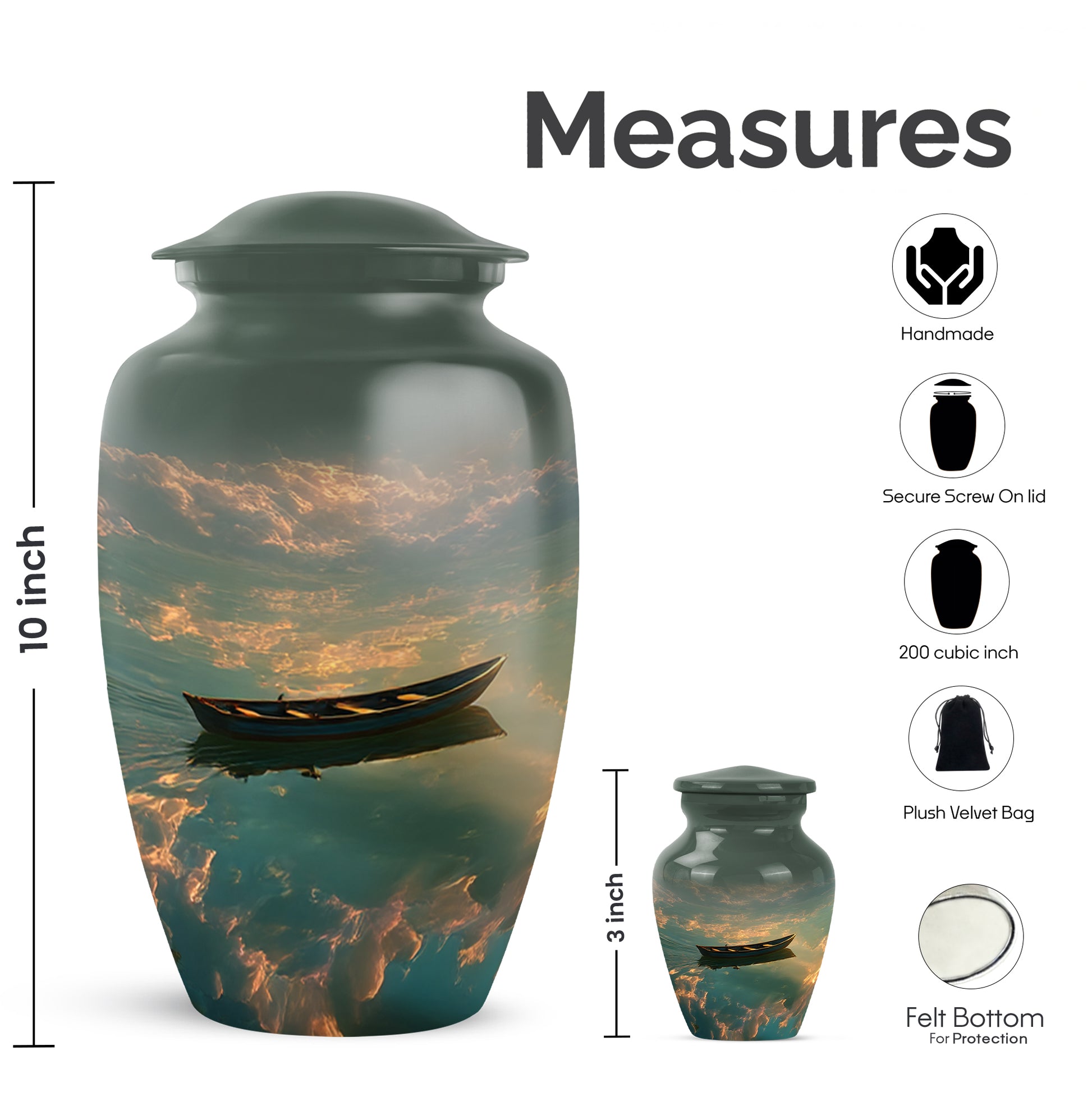 Onyx Black Boat Cremation Urn close-up of engraving and surface detail - elegant classic boat relief with fine detailing - mini keepsake memorial for portion of cremation ashes