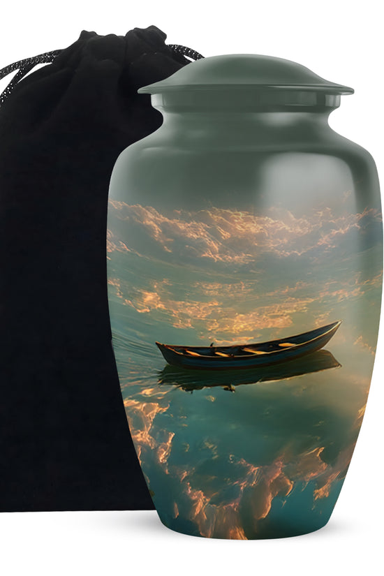 Onyx Black Boat Cremation Urn angled view of lid and engraved motif - elegant classic boat relief with fine detailing - full-size 10 inch 200 cubic inch adult cremation urn
