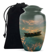 Onyx Black Boat Cremation Urn angled view of lid and engraved motif - elegant classic boat relief with fine detailing - full-size 10 inch 200 cubic inch adult cremation urn