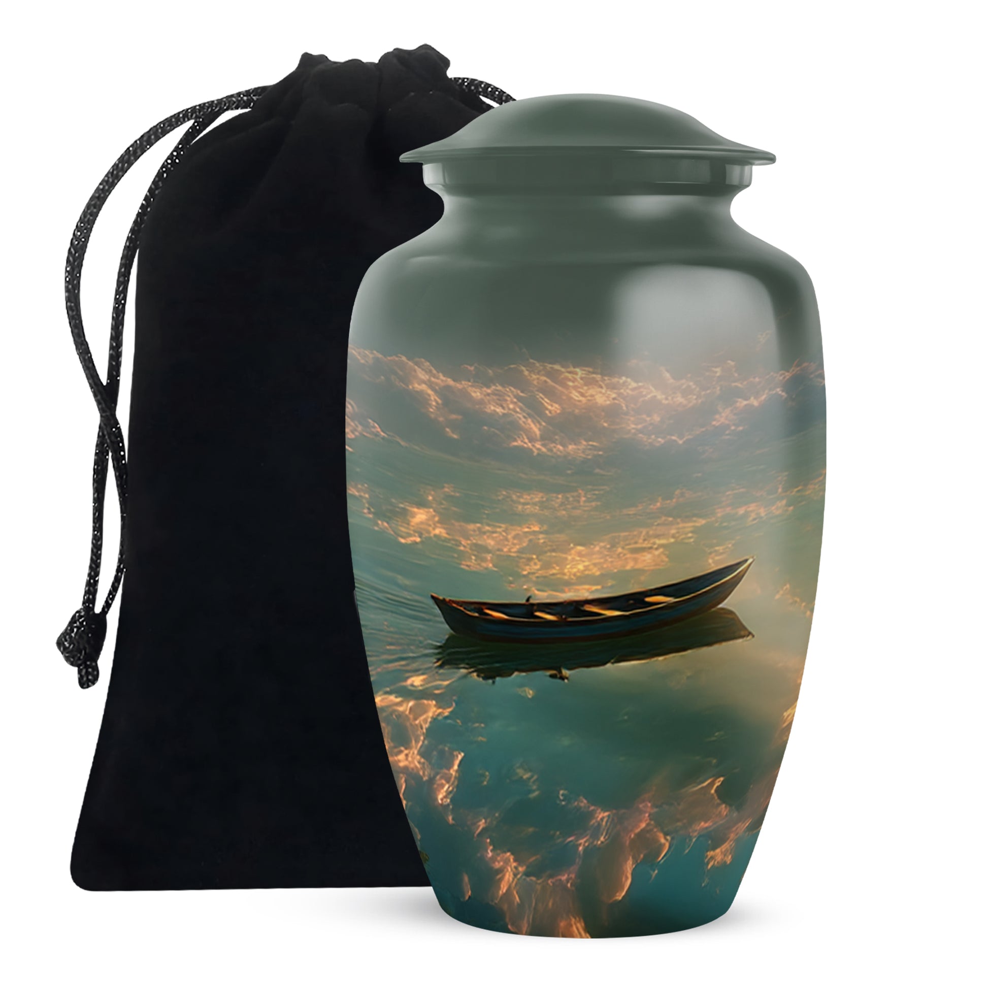 Onyx Black Boat Cremation Urn angled view of lid and engraved motif - elegant classic boat relief with fine detailing - full-size 10 inch 200 cubic inch adult cremation urn