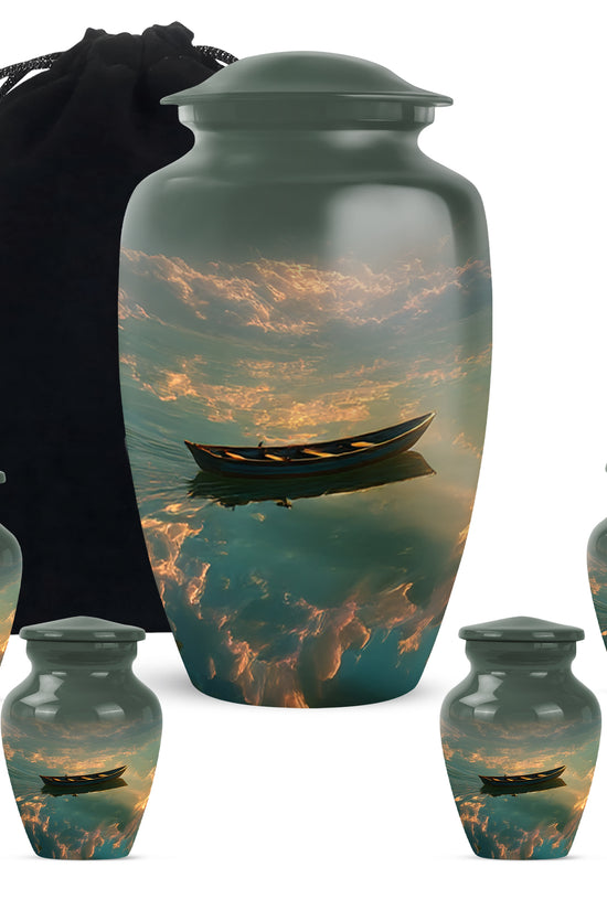 Glossy Black Boat Cremation Urn top-down view of secure threaded lid - classic sculpted boat pattern on smooth aluminum - memorial set with one large and four small urns