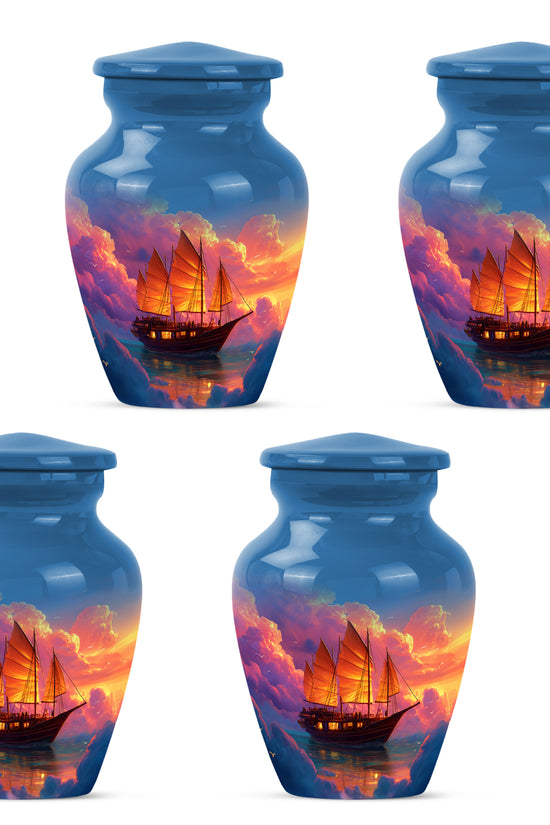 Royal Blue Boat Cremation Urn side profile showing urn shape - traditional boat engraving with hand-polished finish - 10 inch aluminum urn for cremated remains