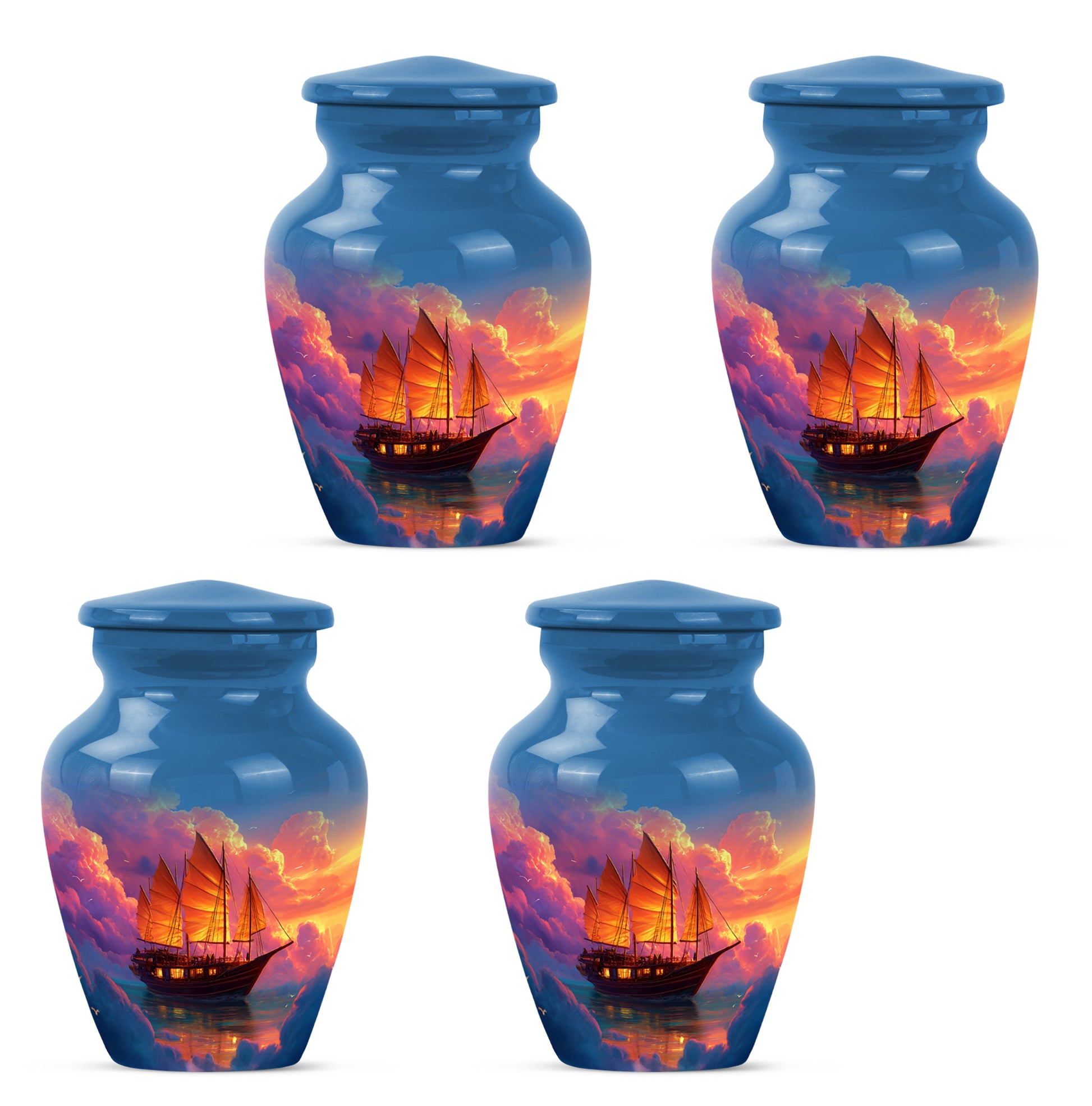 Royal Blue Boat Cremation Urn side profile showing urn shape - traditional boat engraving with hand-polished finish - 10 inch aluminum urn for cremated remains