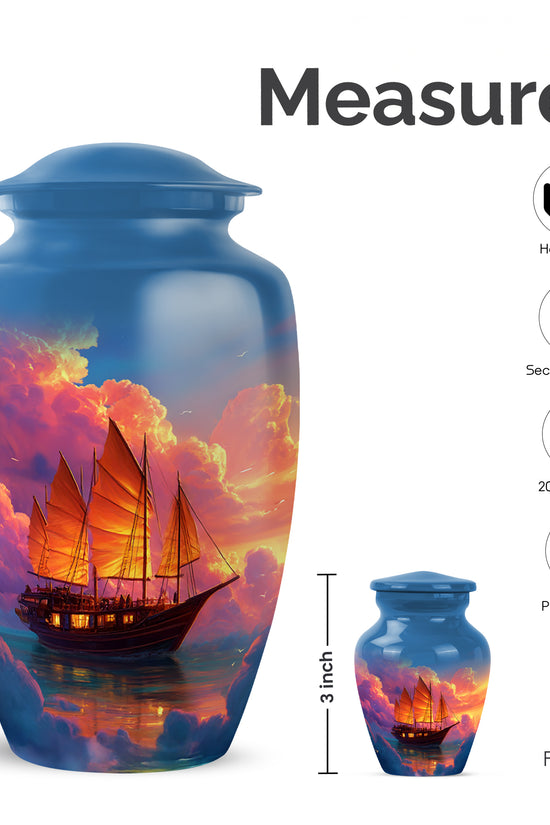 Sapphire Blue Boat Cremation Urn close-up of engraving and surface detail - traditional boat engraving with hand-polished finish - mini keepsake memorial for portion of cremation ashes