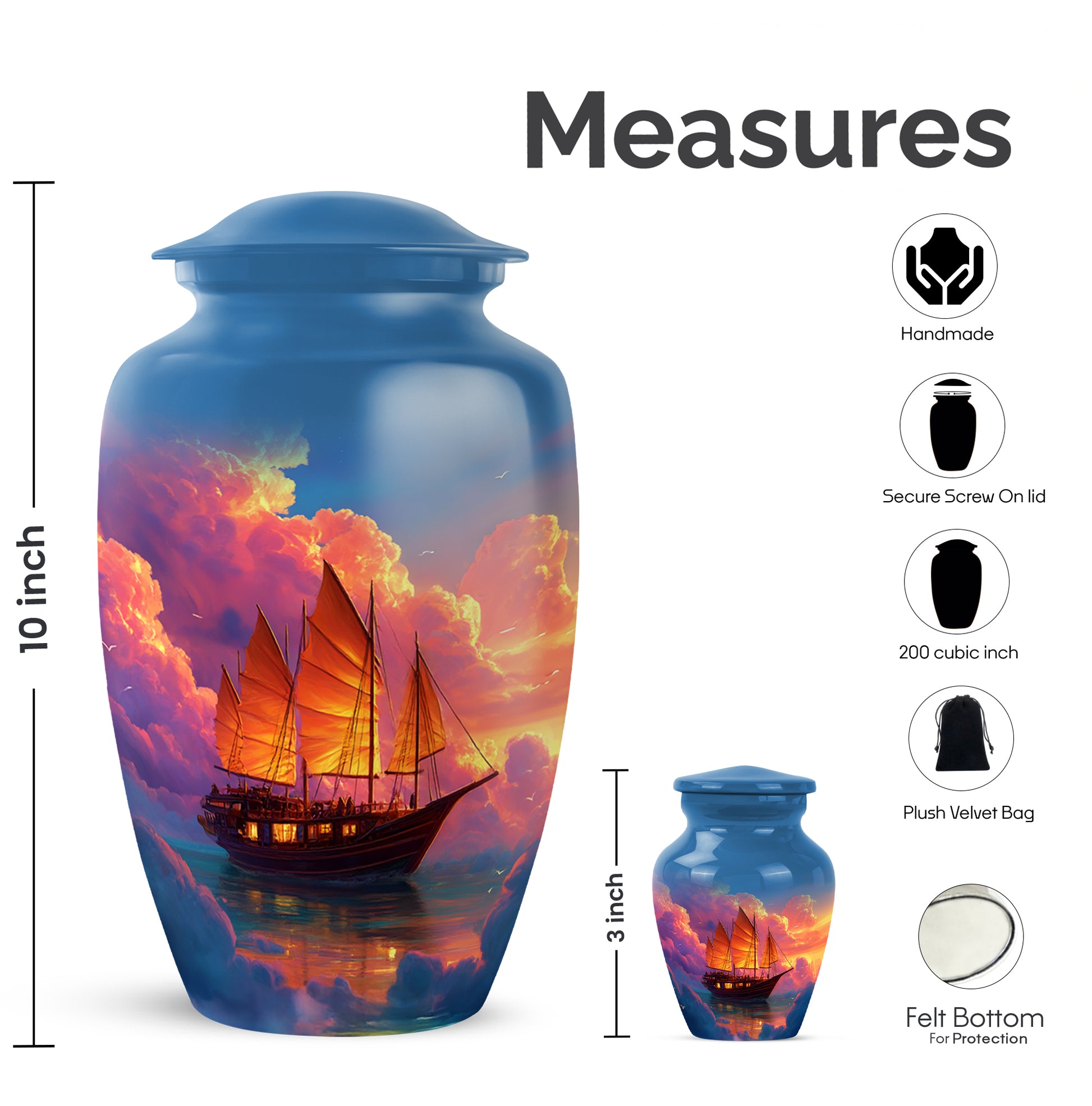 Sapphire Blue Boat Cremation Urn close-up of engraving and surface detail - traditional boat engraving with hand-polished finish - mini keepsake memorial for portion of cremation ashes