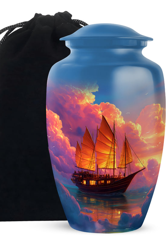 Bright Blue Boat Cremation Urn angled view of lid and engraved motif - traditional boat engraving with hand-polished finish - full-size 10 inch 200 cubic inch adult cremation urn