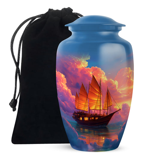 Bright Blue Boat Cremation Urn angled view of lid and engraved motif - traditional boat engraving with hand-polished finish - full-size 10 inch 200 cubic inch adult cremation urn