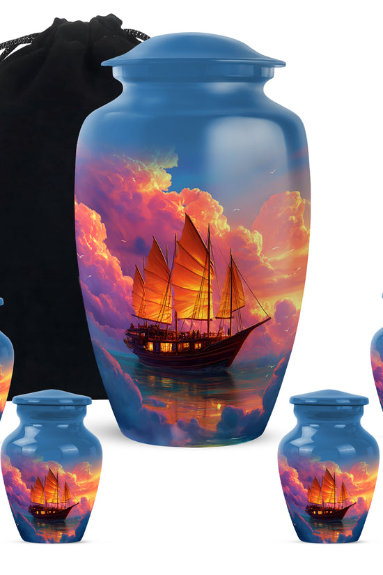 Soft Blue Boat Cremation Urn top-down view of secure threaded lid - traditional boat engraving with hand-polished finish - memorial set with one large and four small urns