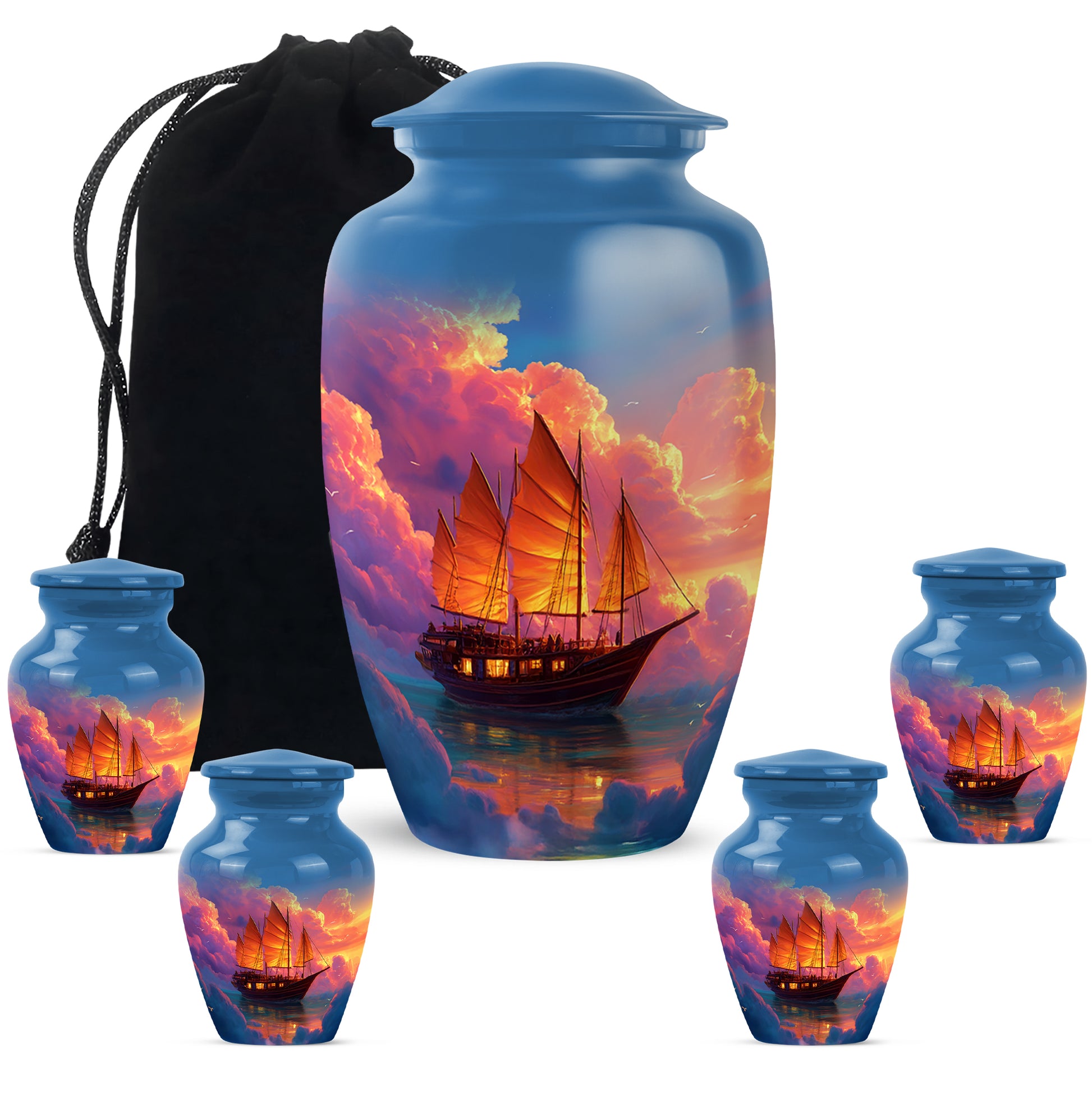 Soft Blue Boat Cremation Urn top-down view of secure threaded lid - traditional boat engraving with hand-polished finish - memorial set with one large and four small urns