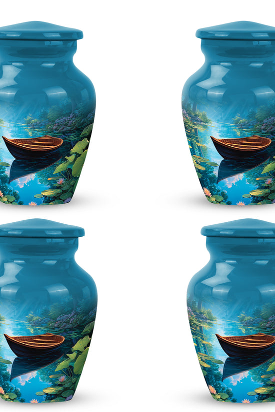 Bright Blue Boat Cremation Urn side profile showing urn shape - traditional boat engraving with hand-polished finish - 10 inch aluminum urn for cremated remains