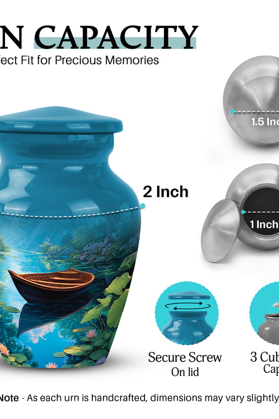 Icy Blue Boat Cremation Urn close-up of engraving and surface detail - classic sculpted boat pattern on smooth aluminum - mini keepsake memorial for portion of cremation ashes