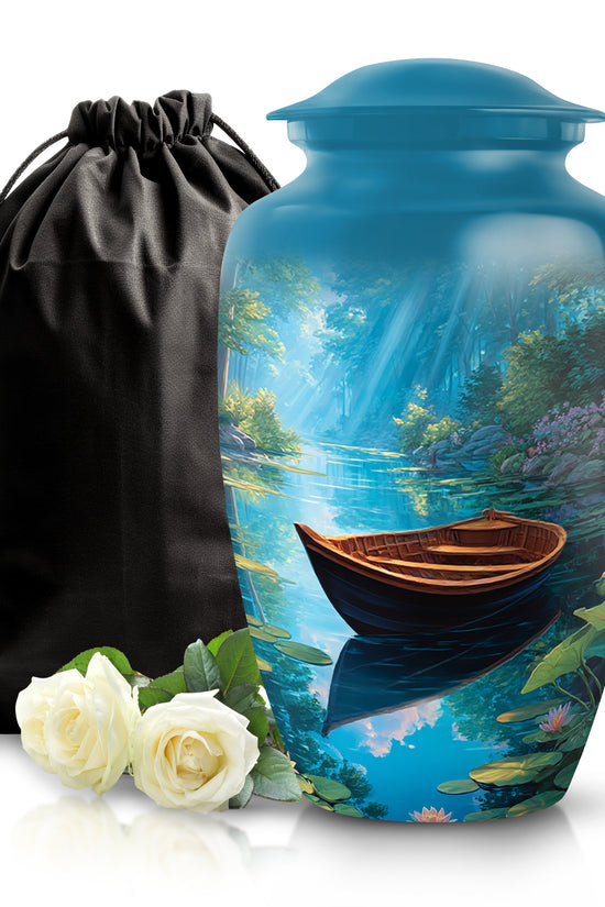 Sapphire Blue Boat Cremation Urn angled view of lid and engraved motif - traditional boat engraving with hand-polished finish - full-size 10 inch 200 cubic inch adult cremation urn
