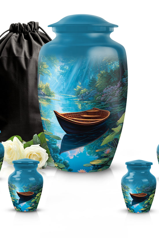Sky Blue Boat Cremation Urn top-down view of secure threaded lid - timeless boat motif etched into premium metal - memorial set with one large and four small urns