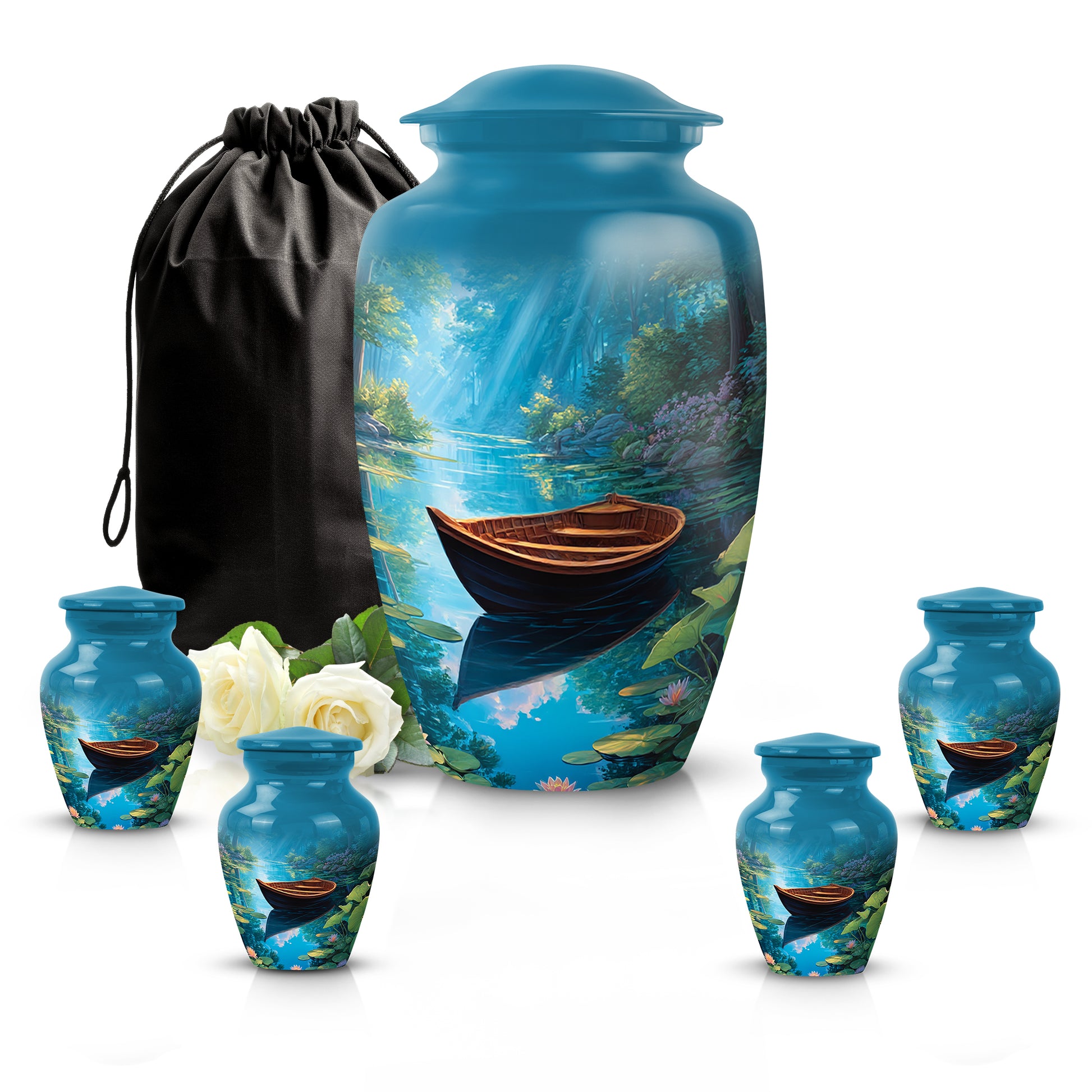 Sky Blue Boat Cremation Urn top-down view of secure threaded lid - timeless boat motif etched into premium metal - memorial set with one large and four small urns