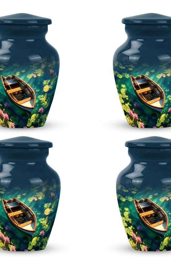Azure Boat Cremation Urn side profile showing urn shape - classic sculpted boat pattern on smooth aluminum - 10 inch aluminum urn for cremated remains
