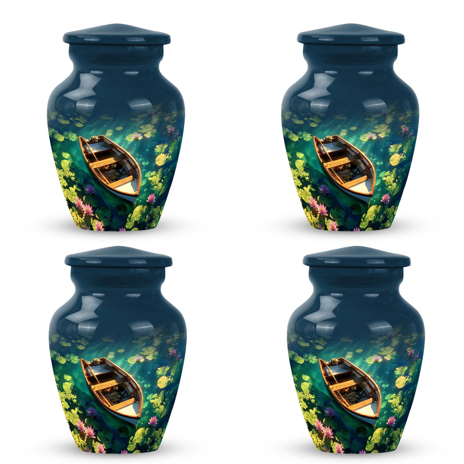 Azure Boat Cremation Urn side profile showing urn shape - classic sculpted boat pattern on smooth aluminum - 10 inch aluminum urn for cremated remains
