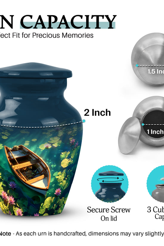 Royal Blue Boat Cremation Urn close-up of engraving and surface detail - traditional boat engraving with hand-polished finish - mini keepsake memorial for portion of cremation ashes