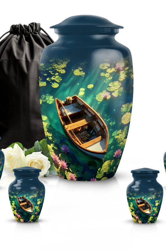 Serene Blue Boat Cremation Urn top-down view of secure threaded lid - elegant classic boat relief with fine detailing - memorial set with one large and four small urns