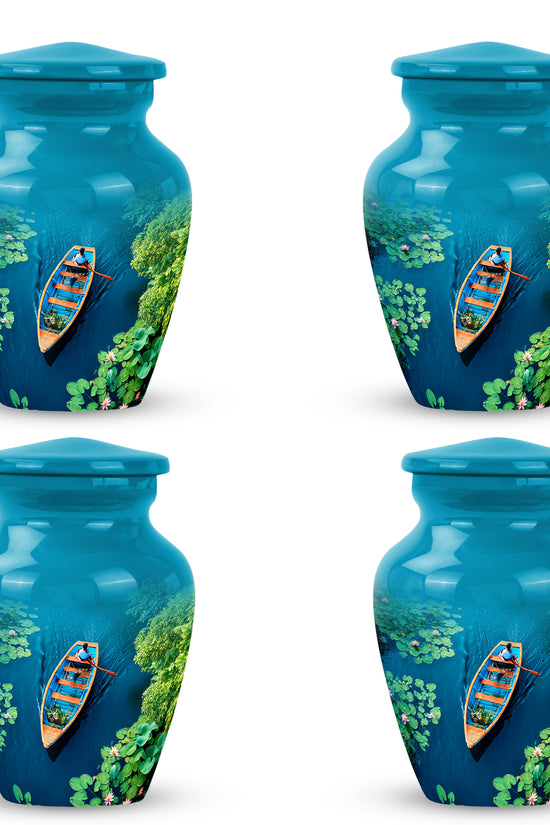 Deep Teal Boat Cremation Urn side profile showing urn shape - traditional boat engraving with hand-polished finish - 10 inch aluminum urn for cremated remains