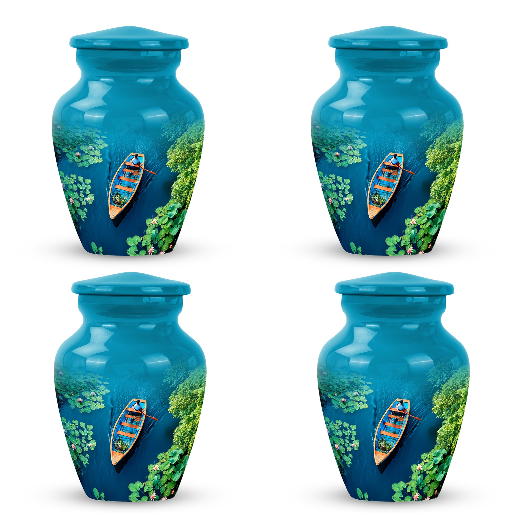 Deep Teal Boat Cremation Urn side profile showing urn shape - traditional boat engraving with hand-polished finish - 10 inch aluminum urn for cremated remains
