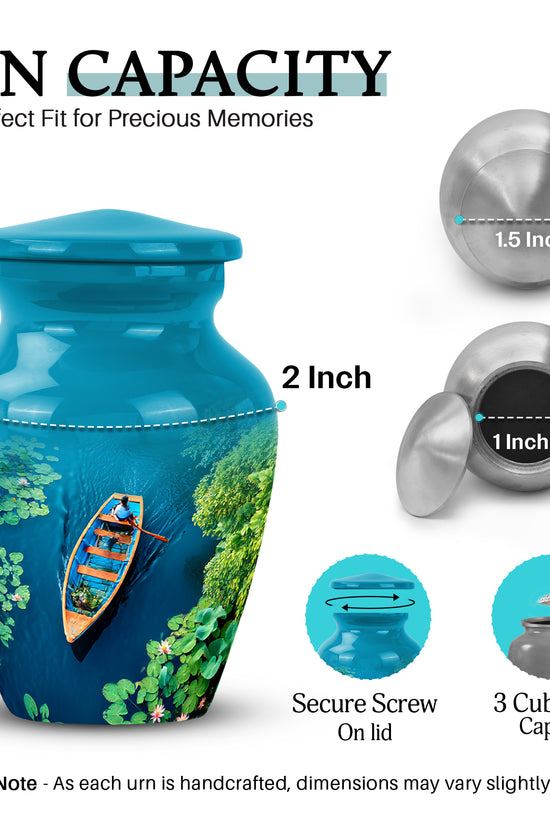Tropical Teal Boat Cremation Urn close-up of engraving and surface detail - traditional boat engraving with hand-polished finish - mini keepsake memorial for portion of cremation ashes