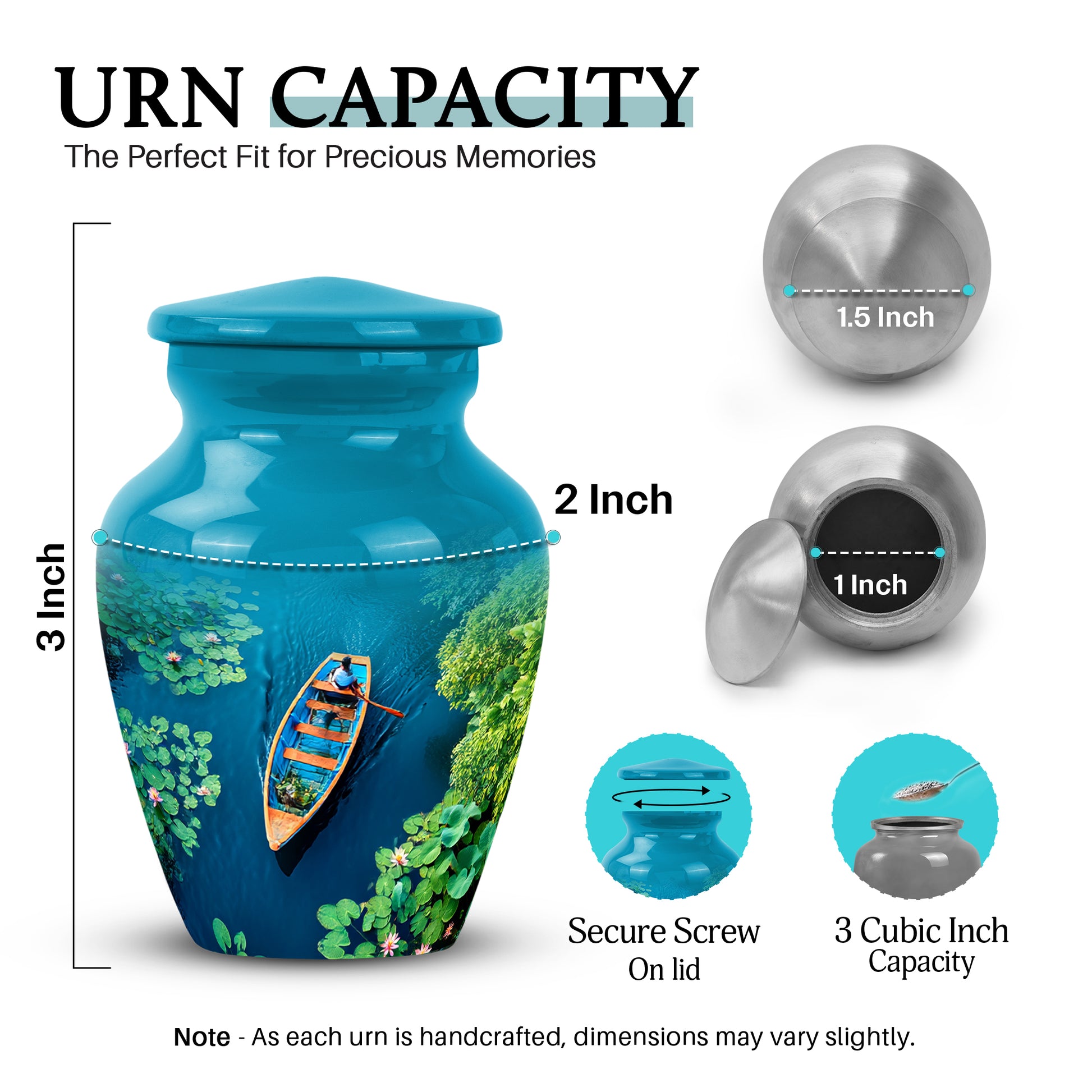 Tropical Teal Boat Cremation Urn close-up of engraving and surface detail - traditional boat engraving with hand-polished finish - mini keepsake memorial for portion of cremation ashes