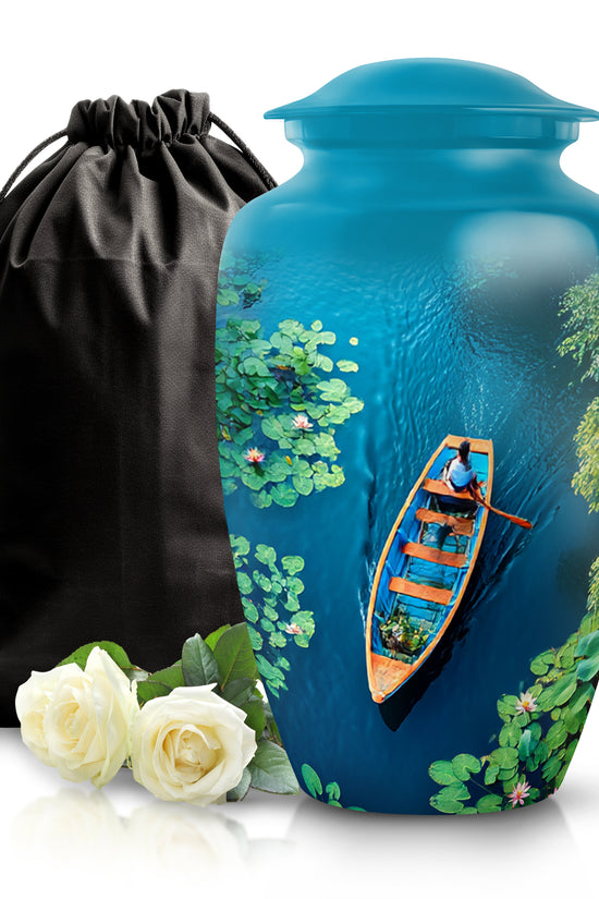 Sea Green Teal Boat Cremation Urn angled view of lid and engraved motif - classic sculpted boat pattern on smooth aluminum - full-size 10 inch 200 cubic inch adult cremation urn