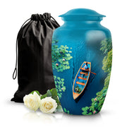 Sea Green Teal Boat Cremation Urn angled view of lid and engraved motif - classic sculpted boat pattern on smooth aluminum - full-size 10 inch 200 cubic inch adult cremation urn