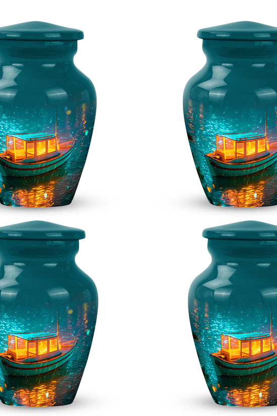Deep Teal Boat Cremation Urn side profile showing urn shape - traditional boat engraving with hand-polished finish - 10 inch aluminum urn for cremated remains