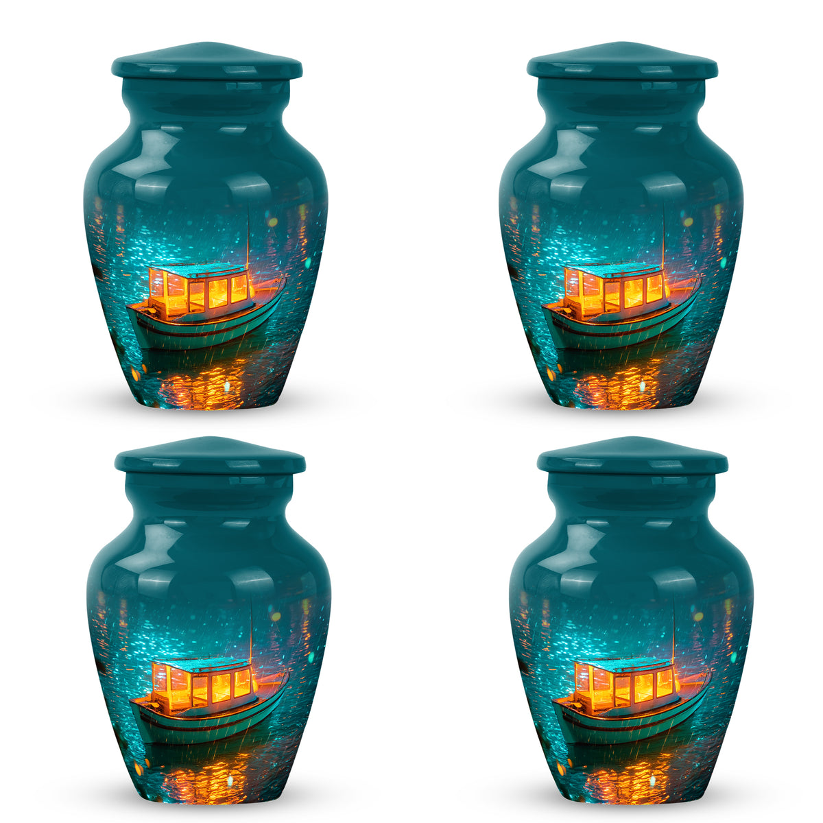 Deep Teal Boat Cremation Urn side profile showing urn shape - traditional boat engraving with hand-polished finish - 10 inch aluminum urn for cremated remains