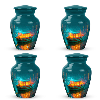 Deep Teal Boat Cremation Urn side profile showing urn shape - traditional boat engraving with hand-polished finish - 10 inch aluminum urn for cremated remains