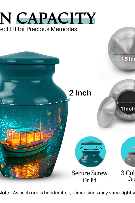 Aqua Teal Boat Cremation Urn close-up of engraving and surface detail - traditional boat engraving with hand-polished finish - mini keepsake memorial for portion of cremation ashes