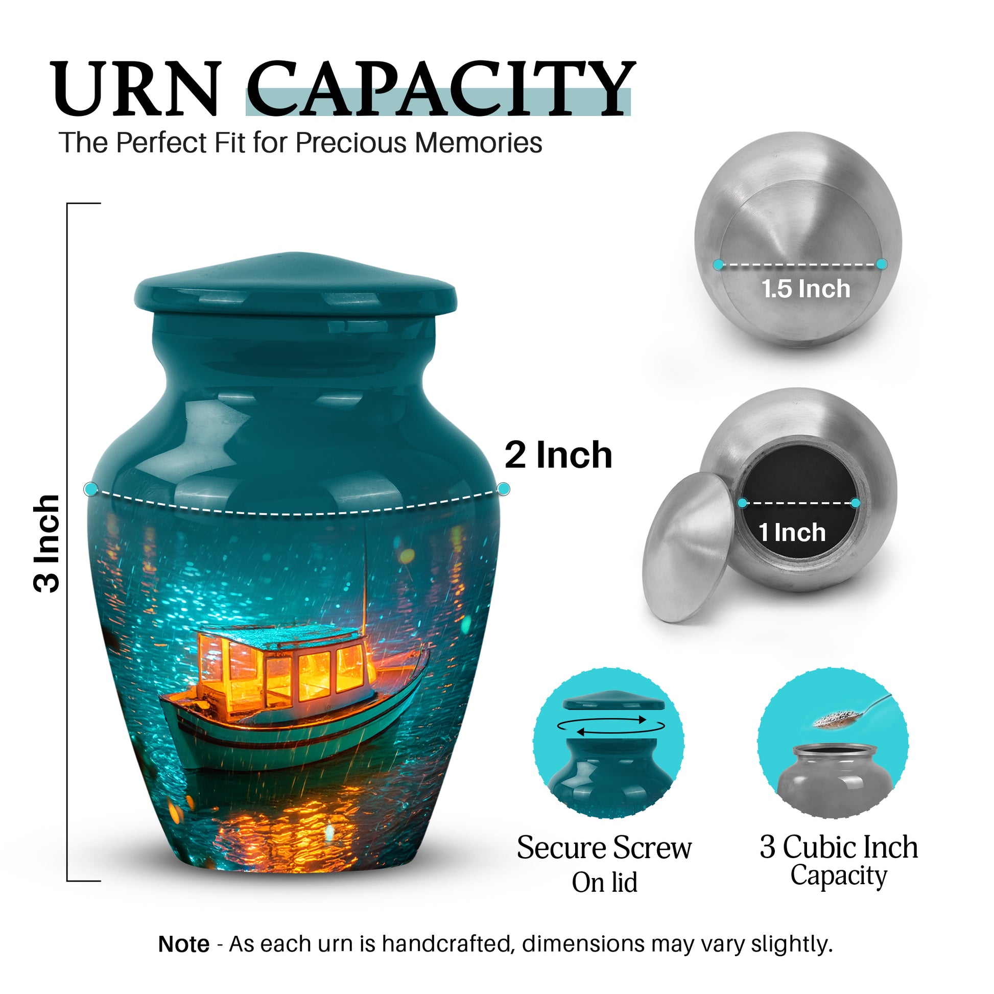 Aqua Teal Boat Cremation Urn close-up of engraving and surface detail - traditional boat engraving with hand-polished finish - mini keepsake memorial for portion of cremation ashes