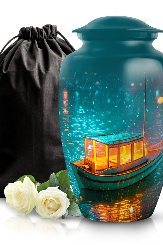 Tropical Teal Boat Cremation Urn angled view of lid and engraved motif - elegant classic boat relief with fine detailing - full-size 10 inch 200 cubic inch adult cremation urn