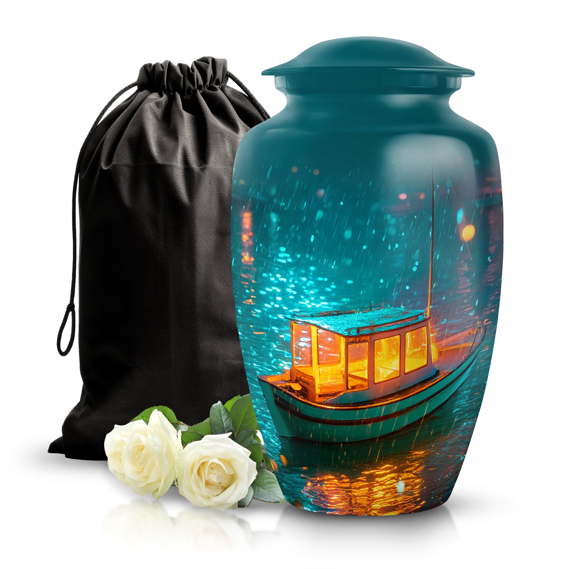Tropical Teal Boat Cremation Urn angled view of lid and engraved motif - elegant classic boat relief with fine detailing - full-size 10 inch 200 cubic inch adult cremation urn