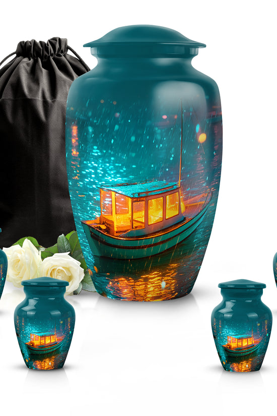 Mystic Teal Boat Cremation Urn top-down view of secure threaded lid - traditional boat engraving with hand-polished finish - memorial set with one large and four small urns
