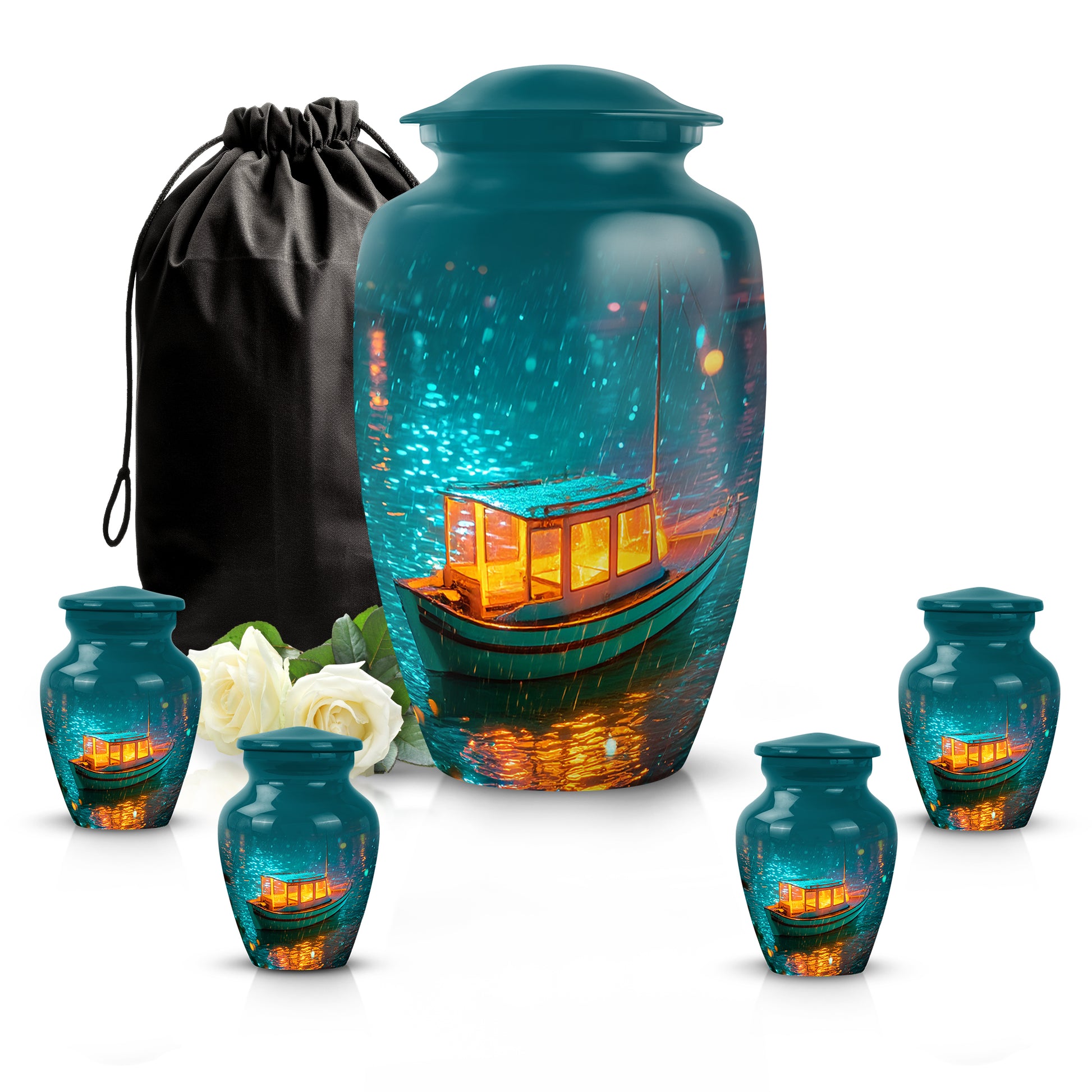 Mystic Teal Boat Cremation Urn top-down view of secure threaded lid - traditional boat engraving with hand-polished finish - memorial set with one large and four small urns
