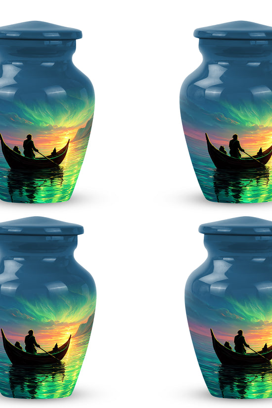 Indigo Boat Cremation Urn side profile showing urn shape - classic sculpted boat pattern on smooth aluminum - 10 inch aluminum urn for cremated remains