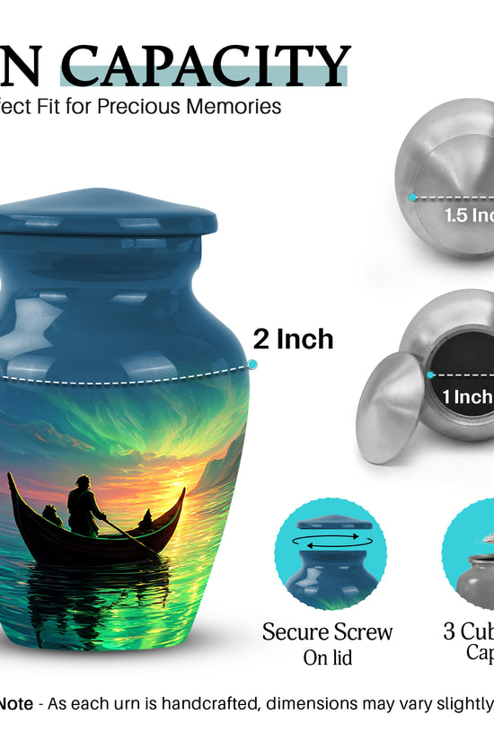 Celestial Blue Boat Cremation Urn close-up of engraving and surface detail - classic sculpted boat pattern on smooth aluminum - mini keepsake memorial for portion of cremation ashes
