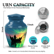 Celestial Blue Boat Cremation Urn close-up of engraving and surface detail - classic sculpted boat pattern on smooth aluminum - mini keepsake memorial for portion of cremation ashes