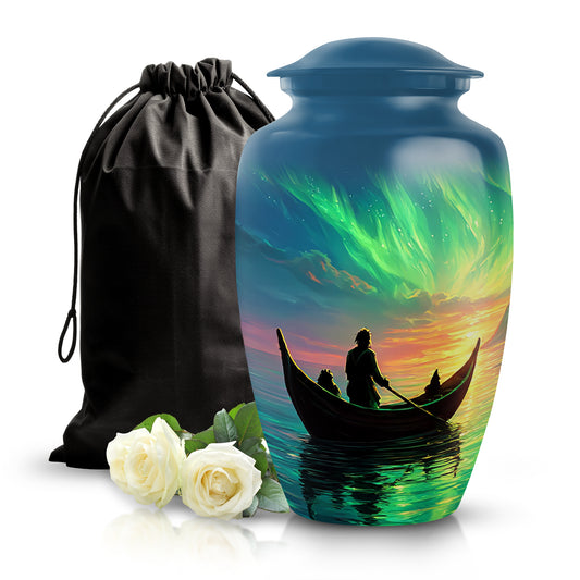 Indigo Boat Cremation Urn angled view of lid and engraved motif - timeless boat motif etched into premium metal - full-size 10 inch 200 cubic inch adult cremation urn