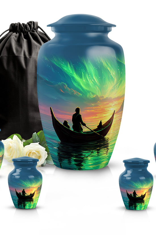 Indigo Boat Cremation Urn top-down view of secure threaded lid - classic sculpted boat pattern on smooth aluminum - memorial set with one large and four small urns